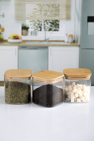 MNZ-3 قطعة مربع جار 800ml مع غطاء البامبو الفخام الفاخرة 3x800k - Karçiçeği Home