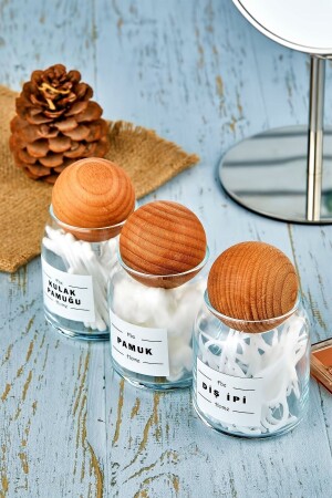 MNZ-3 حزمة كرة خشبية غطاء أسنان فلوس & القطن Bud & القطن منظمة 300 مل جار القطن حامل - Fbzhome