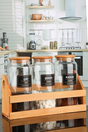 MNZ-3- Piece 1300 ml قنينة شاي قهوة سكر مع غطاء بامبو، ووقوف جديد ووقوف مع علامة - Karçiçeği Home