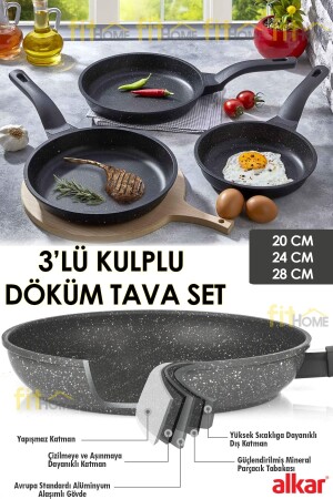 MNZ-3- Piece Cast Iron Pan Set مع الخرسانة الوقوف ضد النار غير القابض طلاء الجرانيت الحراري 20-24-28 سم 3LUSAPLI - fitfiyat
