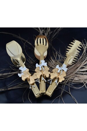 MNZ-3- Piece Gold Butterfly Tongs Serving Set DNC155 - dincel çelik