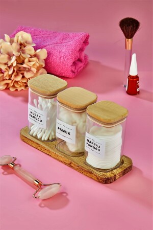 MNZ-3- Piece Mica Cotton Buds with Wooden Stand Makeup Cotton Organizer 250 مل صندوق تخزين - Fbzhome