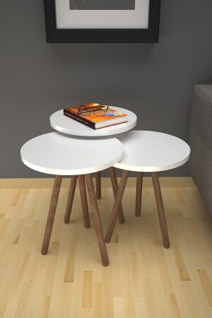 MNZ-3- Piece Nesting Coffee Table مع ساقي خشبية بيضاء مستديرة 3 قطع خشبية - Mobezzo
