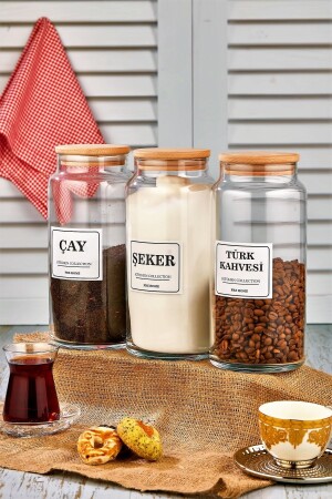 MNZ-3- Piece Tea & Turkish Coffee & Sugar Storage Container مع غطاء خشبي 1300 مل جرة زجاجية FBZ-SUGARTEACOFFEE-1300ML - FBZhome