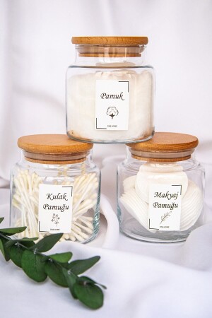 MNZ-3- Piece Wooden Cover Cotton Bud Makeup Cotton Cotton Organizer Set تخزين حاوية زجاجي جار مجموعة DNS-3KPMPVEP500 - DNS HOME
