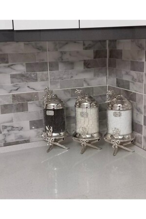 MNZ-3-Piece شاي شوكر قهوة جرة مجموعة مع الوردة اليابانية لون الفضة 1 كجم من الجارسلفر - İmren Collection