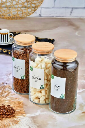 MNZ-3-piece شاي & سكر & قهوة مخزن تخزين مع غطاء خشب 1300 مل جرة زجاجية FBZ-1300-22C - FBZhome
