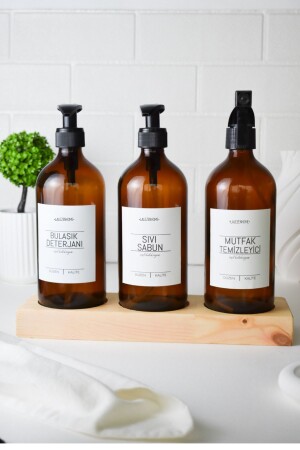 MNZ-3-piece خشبية الموقف سائل صابون الأطباق نظيف المطبخ الملصق الأبيض 500ml مع الموقف الخشبية - LALEZEN HOME