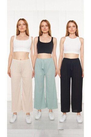 كريم MNZ-3-Piece - خضراء الماء - سراويل نسائية سوداء ذات شريط تقرير بنطلون ومجموعة أداء رياضية، ارتداء منزلي عادي K010 - Oyga