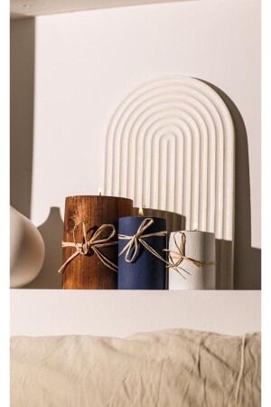 MNZ-3-Piece خشبية حامل شمعة ديكورية مع قوس (اللون البني الأزرق الأبيض) - Lalezen Home