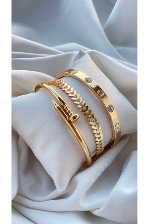 MNZ-3-Piece Nail-Cuff & Caterpillar Model Gold Color Bracelet نسائية مزيج - Lowen Aksesuar