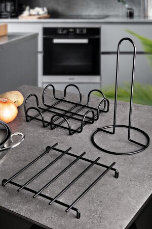 MNZ-3-Piece أسود Trivet ناجب حامل الحفاضة حامل المطبخ مجموعة أسود فولاذ المقاوم للصدأ مجموعة عرض خدمة المطبخ - Mg Home