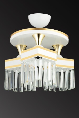 MNZ-3-Piece White Tray Crystal Stone Plafonier مع شريط صفراء مربع إلى أسفل وجهة للفخامة الشنابل SNSZ811101905 - SONSUZ AYDINLATMA&AVİZE