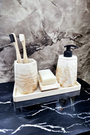 MNZ-4 قطعة مسمارة نمطة الكونكريت حمام مجموعة صبون السائل الصلبة مُزودة فرشاة الأسنان محفظة الصندوق - Betonmall