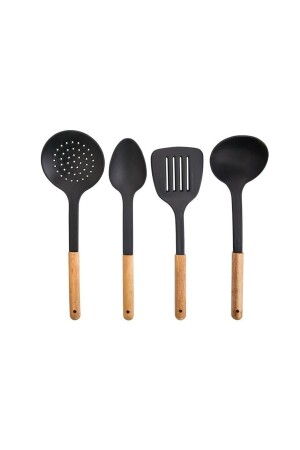 MNZ-4- Piece خشبية المقبضات البلاستيكية اللاديل Colander Spoon Spatula Set خدمة سوداء - Dempa
