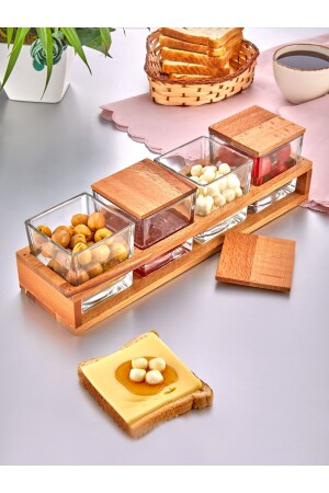 MNZ-4- Piece خشبية مع غطاء الزجاج فاخرة مربع كأس الإفطار - كأس العشاء - عرض الإفطار مجموعة IL. 305 - İLİVA