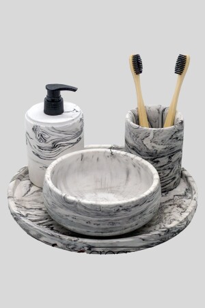 MNZ-4- Piece Marble نمط المظهر مجموعة حمام المرحاض WC صابون سائل مصافح أسنان فرشاة الحامل مجموعة لوازمة الخرسانة SWAN04 - FİNECREATİVE