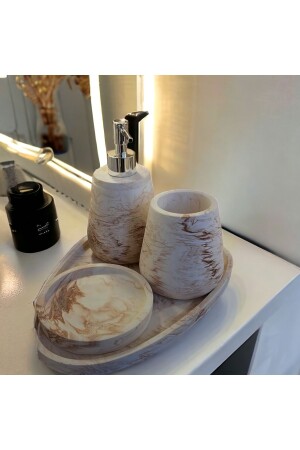 MNZ-4- Piece سمبورة نمط خرساني حمام مجموعة الحمام حمام السائل صابون الموزع الحامل فرشاة الأسنان الملحقات - Trust Stone