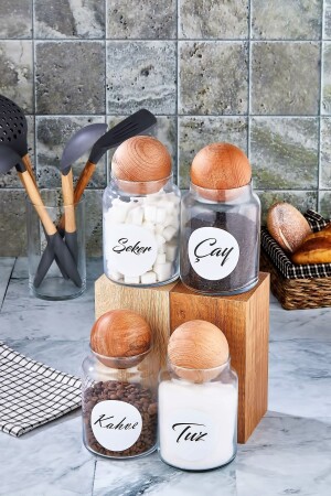 MNZ-4- Piece Wooden Ball Lid شاي سكر القهوة حاوية تخزين الملح 800 مل لقب وعاء زجاجي FBZ-SK-800CSKT - FBZhome
