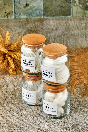 MNZ-4-Piece خشبية غطاء مكياج القطن والقطن والقطن Bud & فلوس الأسنان منظمة 300 مل قطن الموزع - Fbzhome