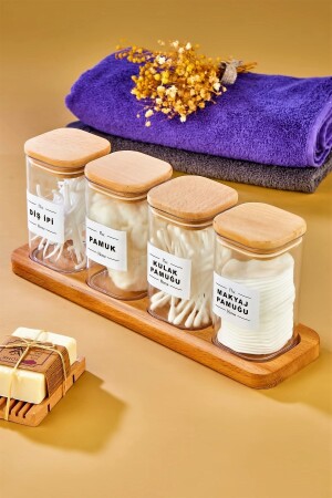 MNZ-4-Piece ميكا القطن البودز & القطن & الماكياج القطن & فلوس الأسنان منظمة صندوق تخزين مع منصة خشبية - Fbzhome