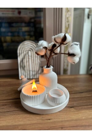 MNZ-5 قطعة لون أبيض، وعاء، ضوء الشاي ورف ملحوظات مجموعة شمعة تصميم مجموعة كأس السكر مجموعة مع شمعة - LİNECRAFT