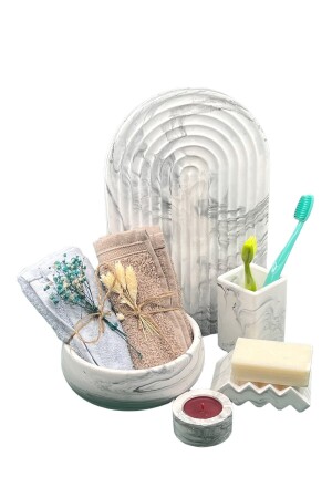 MNZ-5- Piece Marble Patterned Concrete Bathroom Set مرحاض WC صابون صلب مصافح الحفرة أسنان حامل الحفرة مجموعة BM-115 - betonmall