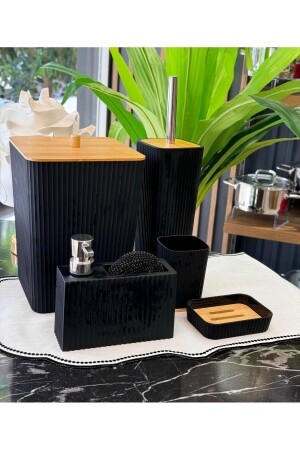 MNZ-5 Piece لينوكس أكريليك حمام البامبو مجموعة الأسود - Onedekor