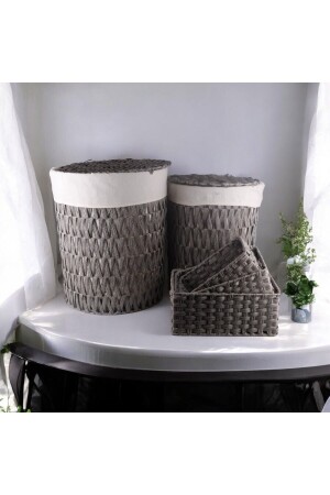 MNZ-5- Piece راتنان ويكر سلة غسيل القذر وضع مستدير الرمادي - Vadi