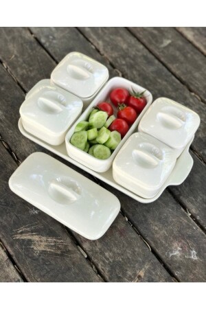 MNZ-5- Piece White Covered Tray مع موقف فاخرة طعام الإفطار وجبة خفيفة 160381090901 - Pembelia Life