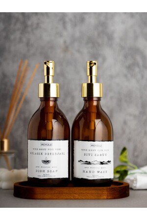 MNZ-500 مل حلاً سائل غسل الأطباق زجاجة زجاجية مع قفص خشب من الأنبرا و غطاء ذهبية - BÜYÜLÜ HOME