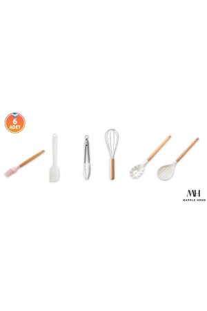 MNZ-6- Piece Bamboo Handle سيليكون فرشاة كولاندر بيتر طونغات المعكرونة ملعقة سباتولا المطبخ المجموعة كريم بامبو-0 - Mapple Home