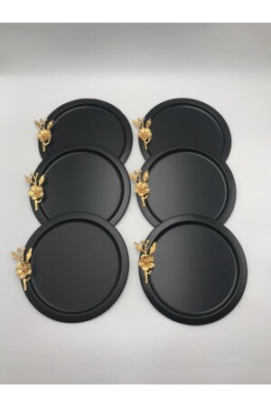 MNZ-6- Piece Round Gold Floral Black تقديم الصندوق، تزيين الخدمة الصندوق الشاي القهوة 24 سم TNAG99 - Aslı Hediyelik