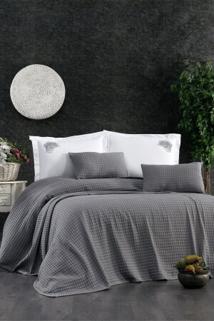 MNZ-6 قطعة ورقة مرنة ومطريزة Terra Double Gray Cotton Pique Set STCKHMPIK1TER - Minelya Home Collection