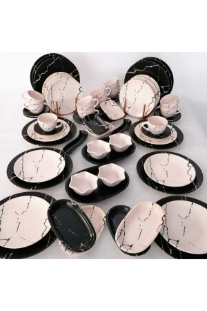 MNZ-64 قطع 12 شخص ماتي أسود ماتي كريم الرخام نمط المنتج الإفطار dmt2020642064 - Demet Çeyiz