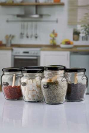 MNZ-6-Piece 580 Cc Glass Jar مع غطاء - غطاء الأذن مع غطاء أسود وسمعة1 - Karçiçeği Home