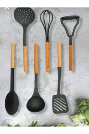 MNZ-6-piece لادلة بلاستيكية مع المقبض الخشبية، الكولاندر، القارب، المضرب، المشر والسفير، مجموعة خدمة سوداء - B - Carpekitchen