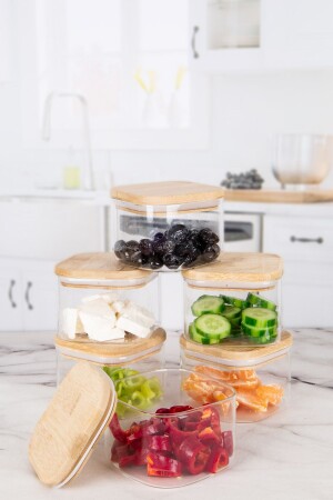 MNZ-6-piece bamboo lid 650ml مربع وعاء زجاجي لافطار وجبة خفيفة حاوية تخزين - Karçiçeği Home