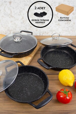 MNZ-6-Piece Granite Pan Set مع غطاء زجاجي ، أسود معدني 18-20-22 سم - Esivitalia