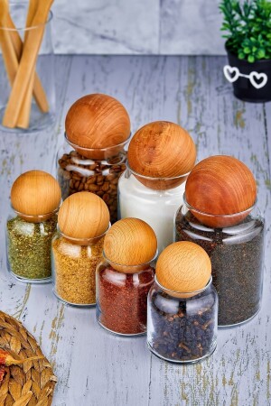 حاوية تخزين الزجاج من قطعة من MNZ-7 مع غطاء كرة خشبية ووجبة خفيفة ووعاء سكر (4x300 مل - 3x800 مل) FBZ - FBZhome