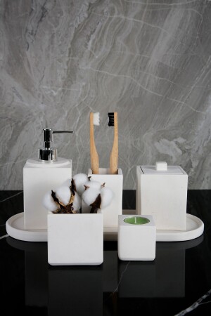 MNZ-7 قطعة الرخام نمط الخرسانة حمام الموضة مجموعة صابون سائل مصفف فرشاة الأسنان حامل القطن حامل شمعة حامل صلة الزهور - Betonmall