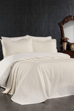 MNZ-7 قطعة بيك سرير Mimosa مزدوجة Ecru غطاء غطاء مجموعة STCKHMNEV1MİM - Minelya Home Collection