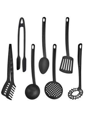 MNZ-7- Piece Black Luxury لا يضرب النار غير القصص طيفلون مغلفة الخدمة مجموعة اللادل ملعقة Colander Spatula Tongs Whisk T09049 - Mirilliahome