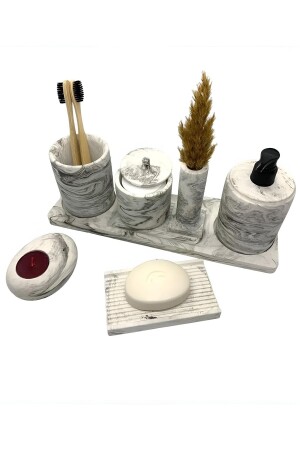 MNZ-7- Piece Marble Patterned Bathroom Set Toilet Wc Liquid Soap Dispenser Borrow Toothbrush Holder لوازمة خرسانية ML-111 - FİNECREATİVE