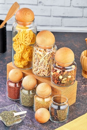 MNZ-7- Piece Wooden Ball Lid جرة العطور وعاء العشاء المعدة الجرة الزجاجية fbzhome1 - FBZhome