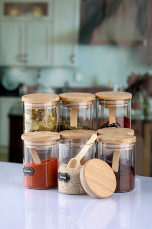MNZ-8- Piece Borosilicate Spice Set مع غطاء بامبو ومعقله بامبو كاباك8 - Karçiçeği Home