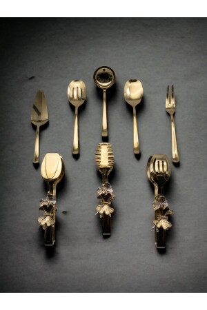 MNZ-8- Piece Stainless Steel Gold Colander- Ladle- Shovel- Fork- Spoon- Butterfly Tongs Serving Set- Dowry - Fiyakalı Ürünler Atölyesi