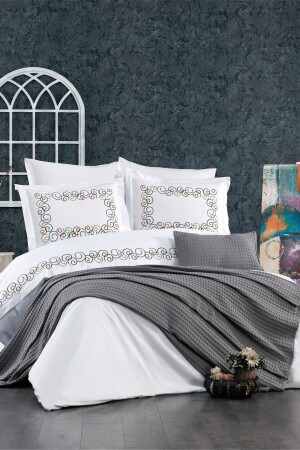 MNZ-8-Piece Luna غطاء غطاء قطن رمادي مزدوج مع ورق ملموسة، والحوار والبيك STCKHMNEV1LUN - Minelya Home Collection