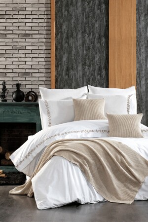 MNZ-9 قطعة من الاختطافات والحواسب المنسقة غطاء Ilgaz مزدوج القطن بيج غطاء القماش المزدوج مجموعة STCKHMNE - Minelya Home Collection