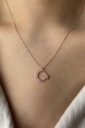 MNZ-925 قلادة فضية سمالية مع 3 غرام من حجر الزيركون ونجم الهلال، طول 45 سم SN132 - Ziu